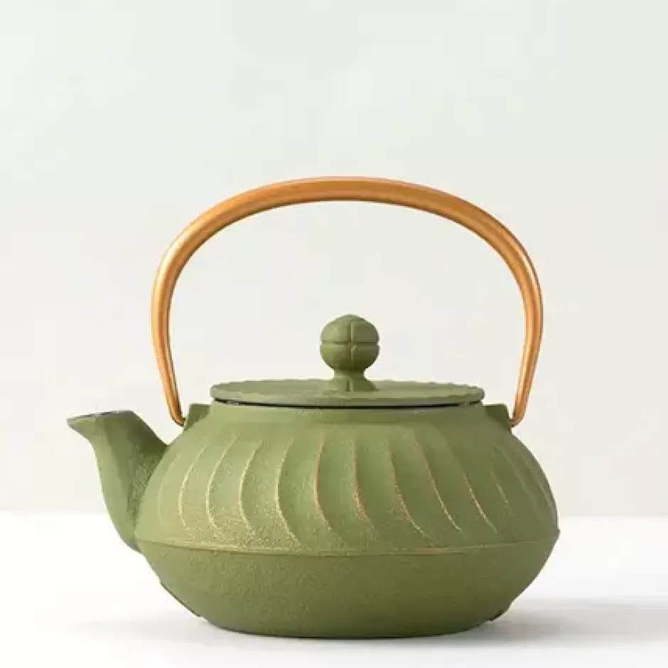 Teapots - Cast Iron^MIYA Company Cast Iron Teapot Olive Green Wave Gold Handle