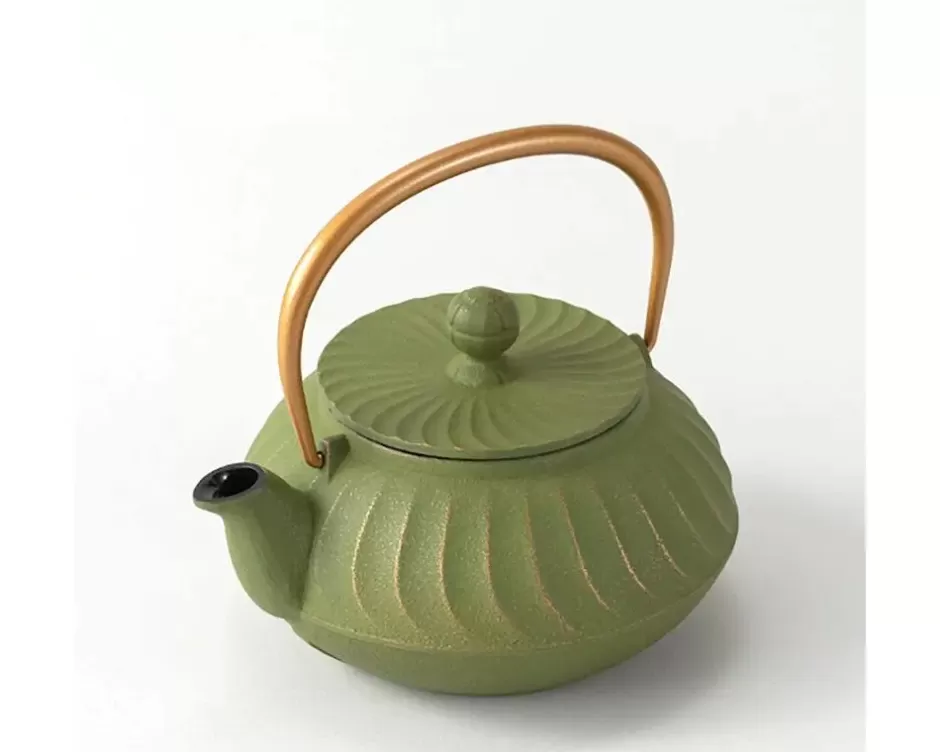 Teapots - Cast Iron^MIYA Company Cast Iron Teapot Olive Green Wave Gold Handle