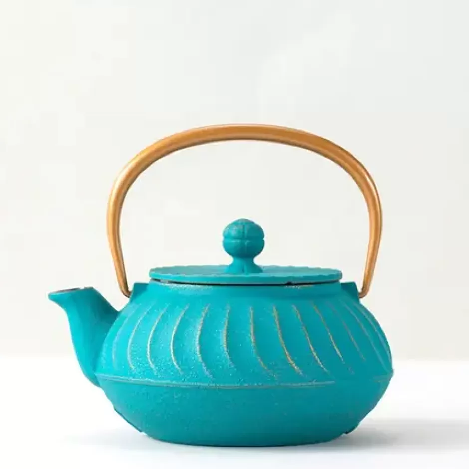 Teapots - Cast Iron^MIYA Company Cast Iron Teapot Teal Wave Gold Handle