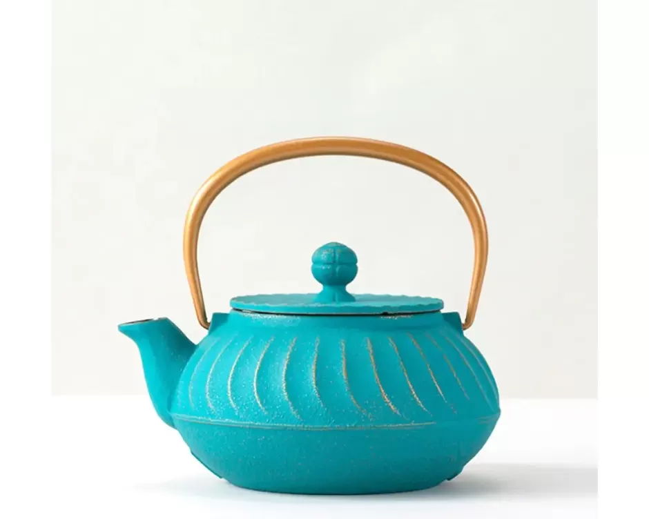 Teapots - Cast Iron^MIYA Company Cast Iron Teapot Teal Wave Gold Handle