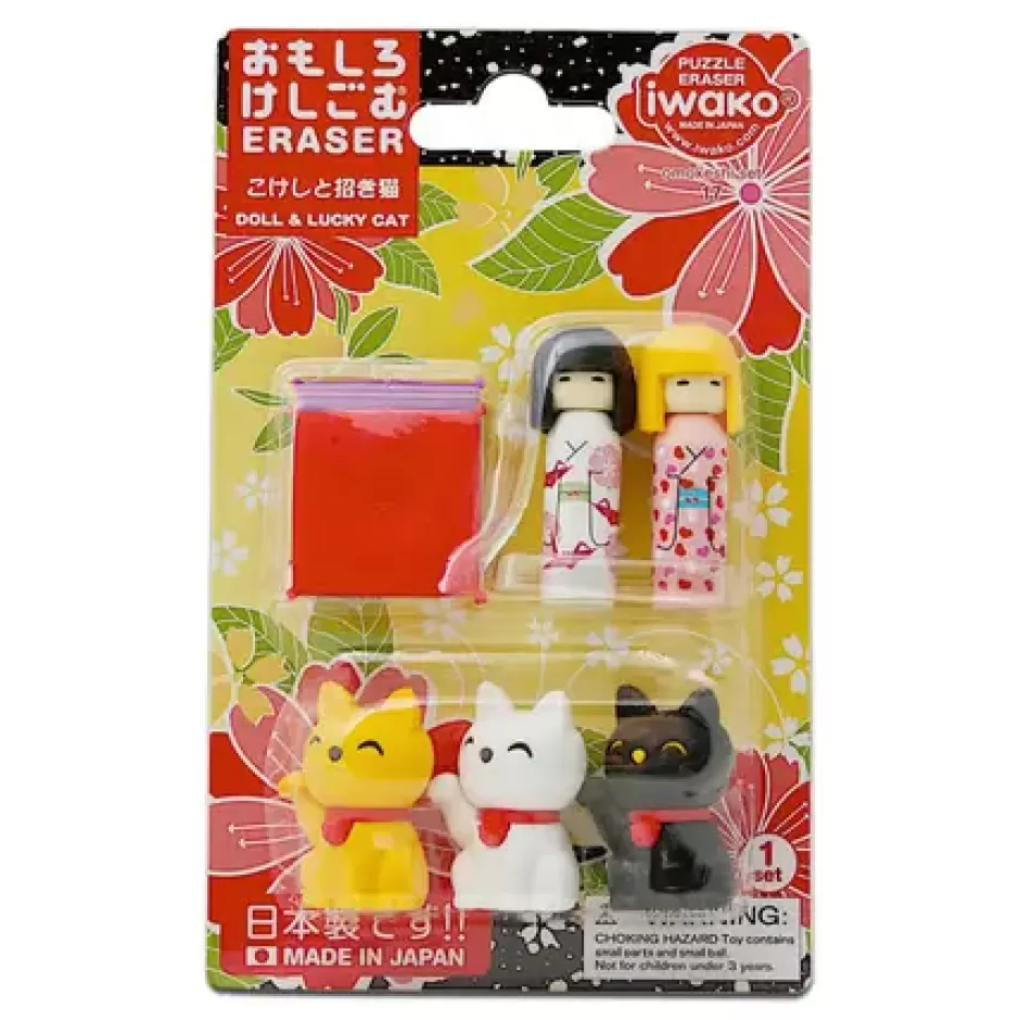 Figurines^MIYA Company Iwako Kokeshi Fortune Cat Eraser Pack At Miya